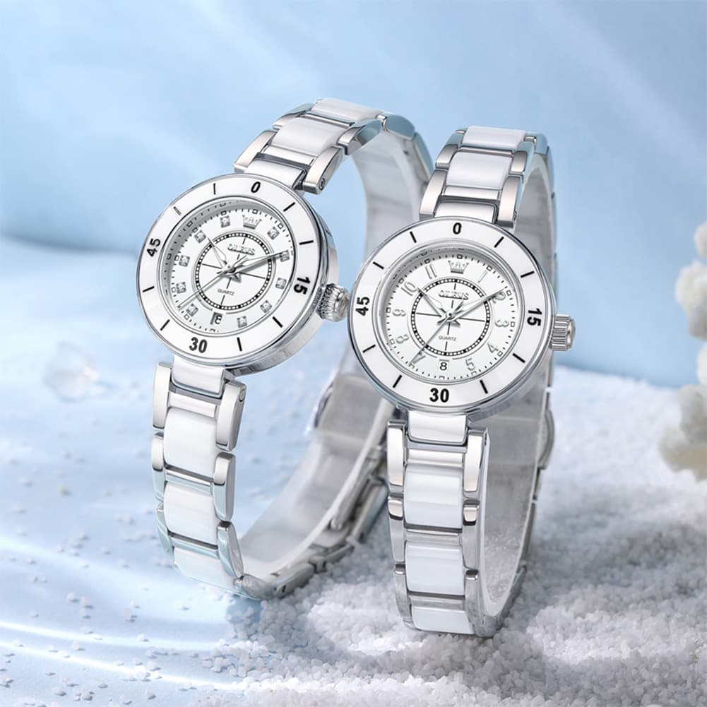 OLEVS 7083 White Ceramic Watch Sport Luxe Diamond Accent Stainless Steel Bracelet Quartz Timepiece for Women