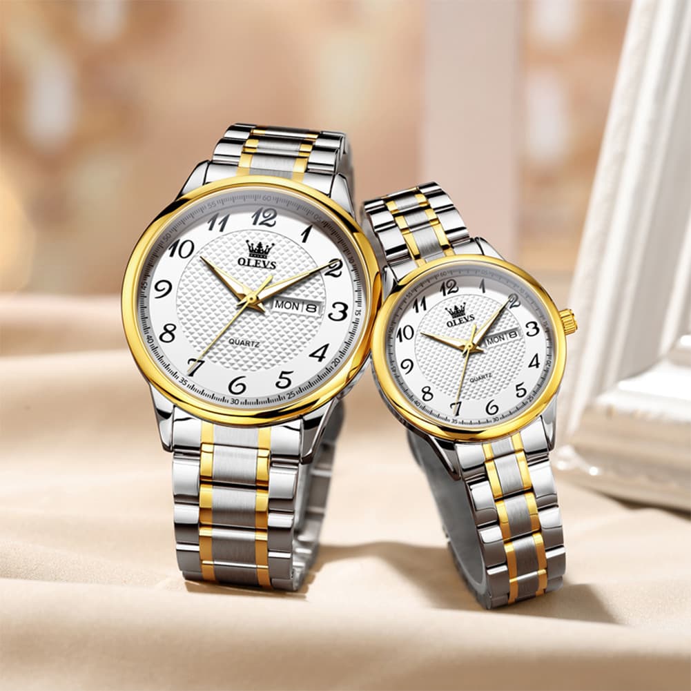 OLEVS 5667 Sapphire Crystal Couple Watch Day Date Stainless Steel Bracelet Luxury Timepiece for Men and Women