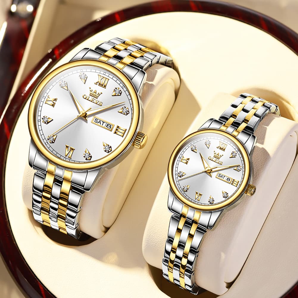 OLEVS Couple Watches Diamond Dial Day Date Quartz Watch 5525 Steel Band for His and Hers