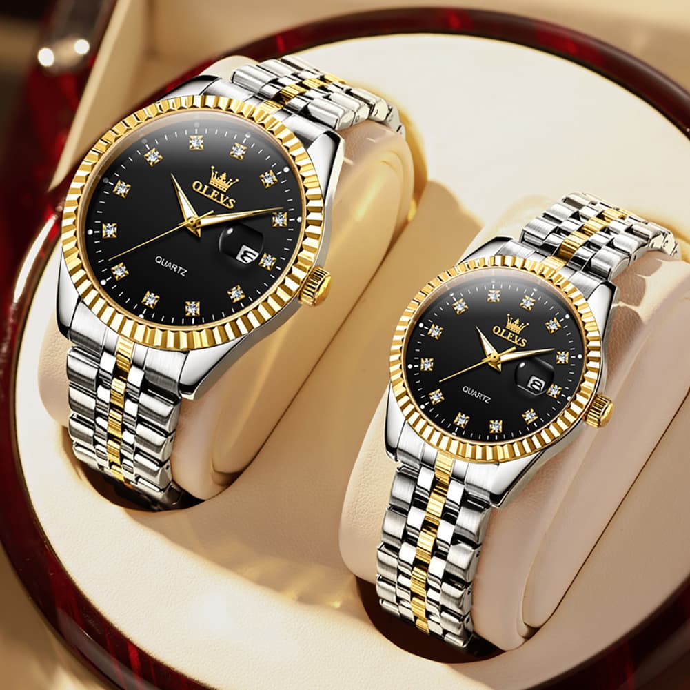 OLEVS Couple Watches Fluted Bezel Diamond Dial Quartz Watch 5526 Jubilee Band for His and Hers