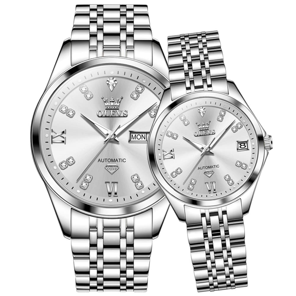 OLEVS Couple Watches Set Automatic Mechanical Diamond Dial 9801 for His and Hers