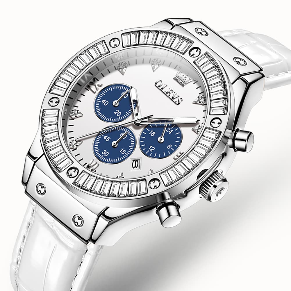 OLEVS 9978 Diamond Bezel Chronograph Leather Watch for Women