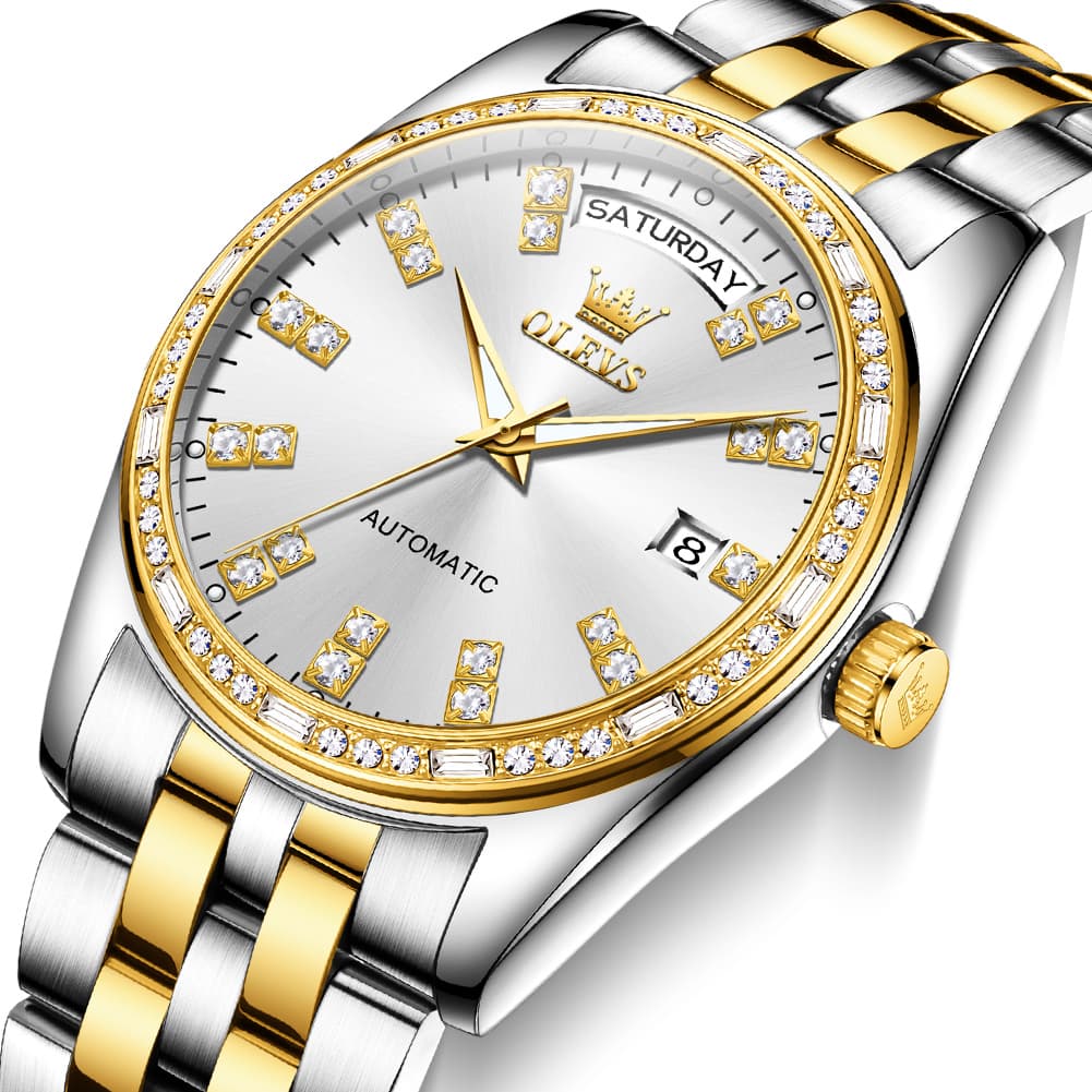 OLEVS Diamond Bezel Day Date Automatic Mechanical Watch 9802 for Men