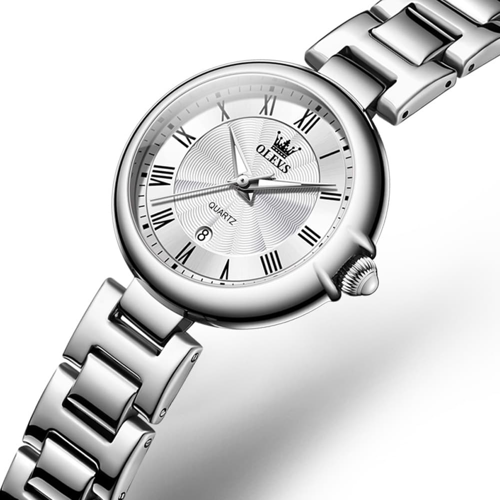 OLEVS Women Roman Numeral Dress Watch Sunray Dial Stainless Steel Date Quartz 5608