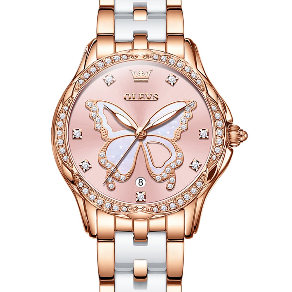 OLEVS Women Butterfly Watch Ceramic Rose Gold Diamond Date Quartz 5610