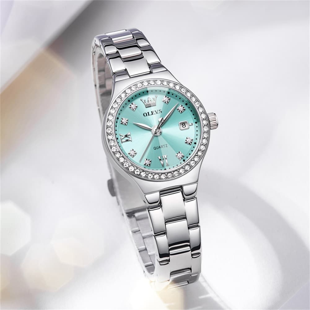 OLEVS Women Diamond Bezel Watch Petite Pastel Sunray Silver Stainless Steel Date Quartz 5628