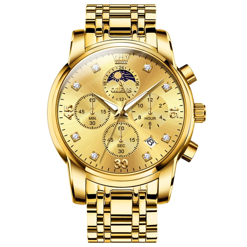 OLEVS 3652 Chronograph Moon Phase Diamond Dial Stainless Steel Watch For Men