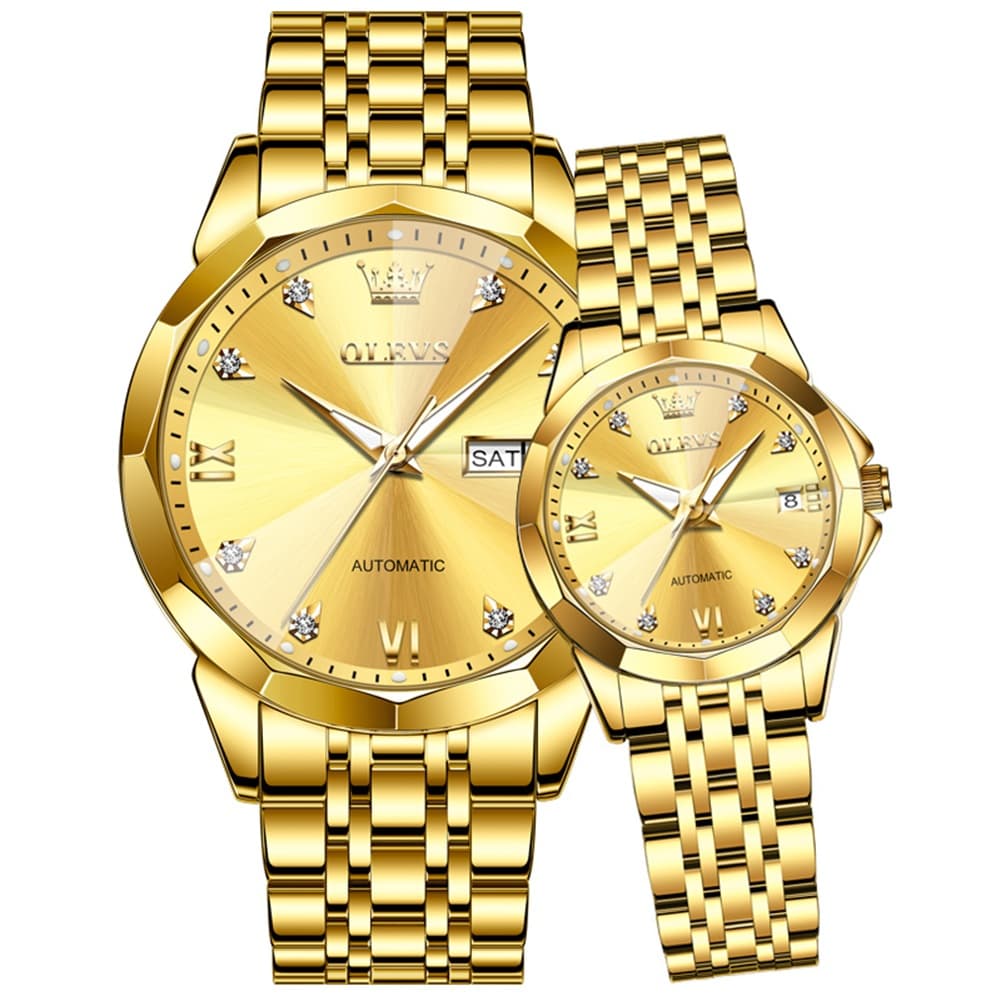 OLEVS Couple Watches 3D Diamond Cut Mirror Automatic Watch 9982 Steel Band for His and Hers