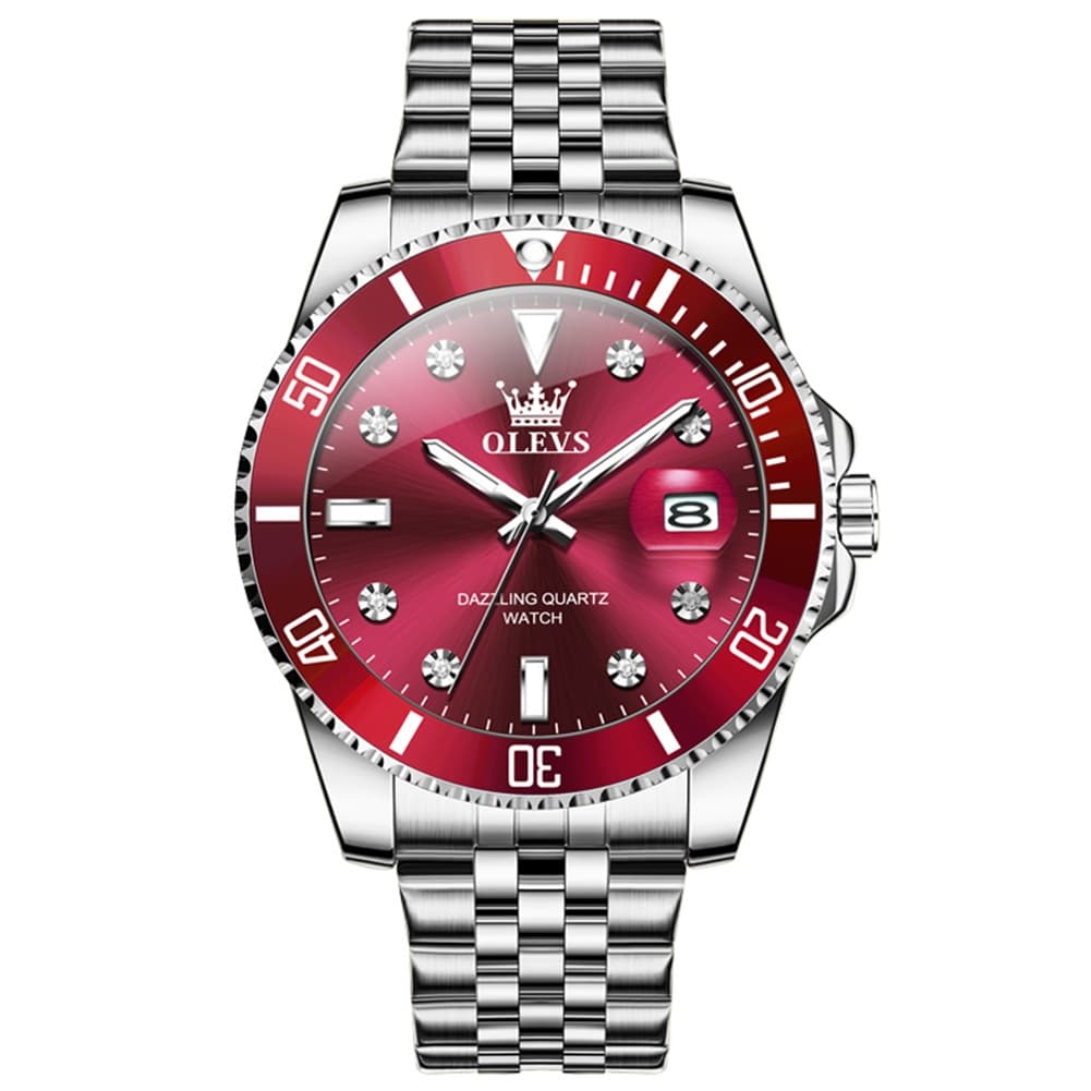 OLEVS 9809 Rotating Bezel Diamond Dial Stainless Steel Quartz Watch for Men