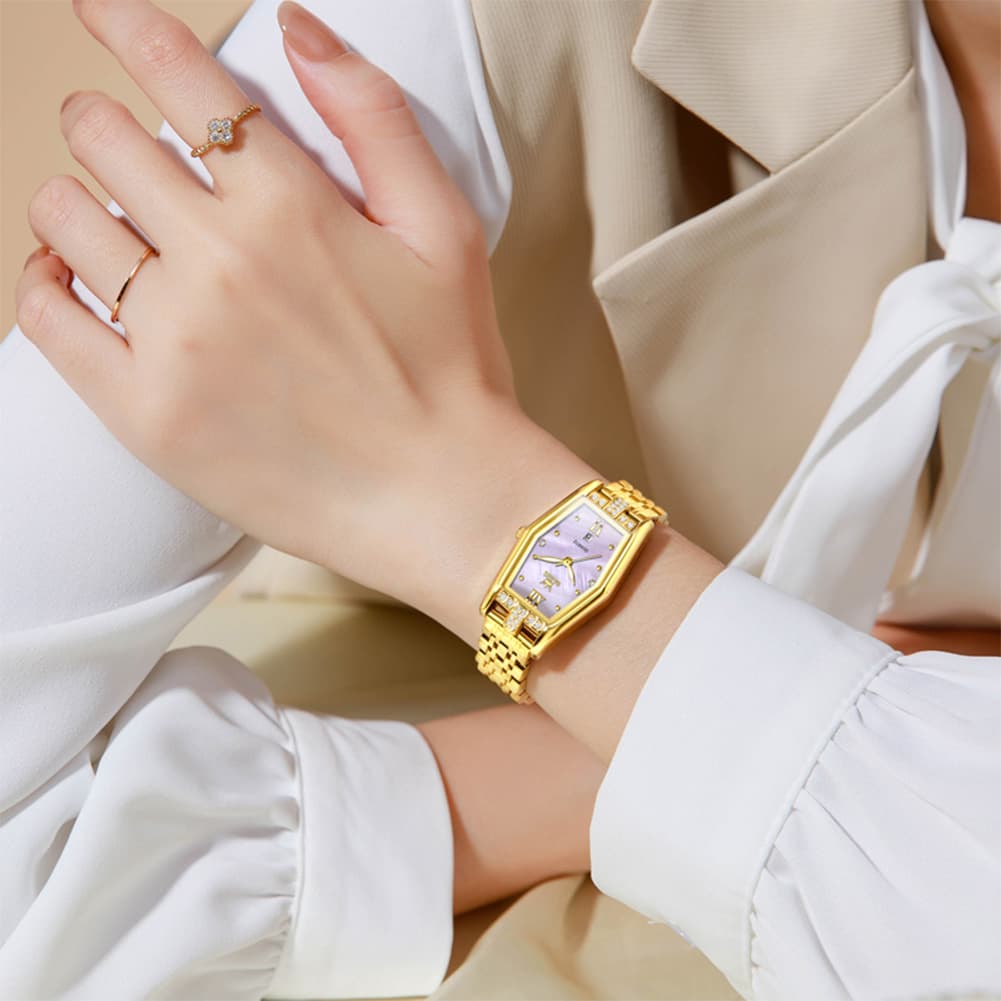 OLEVS 3699 Tonneau Geometric Crystal Womens Dress Watch