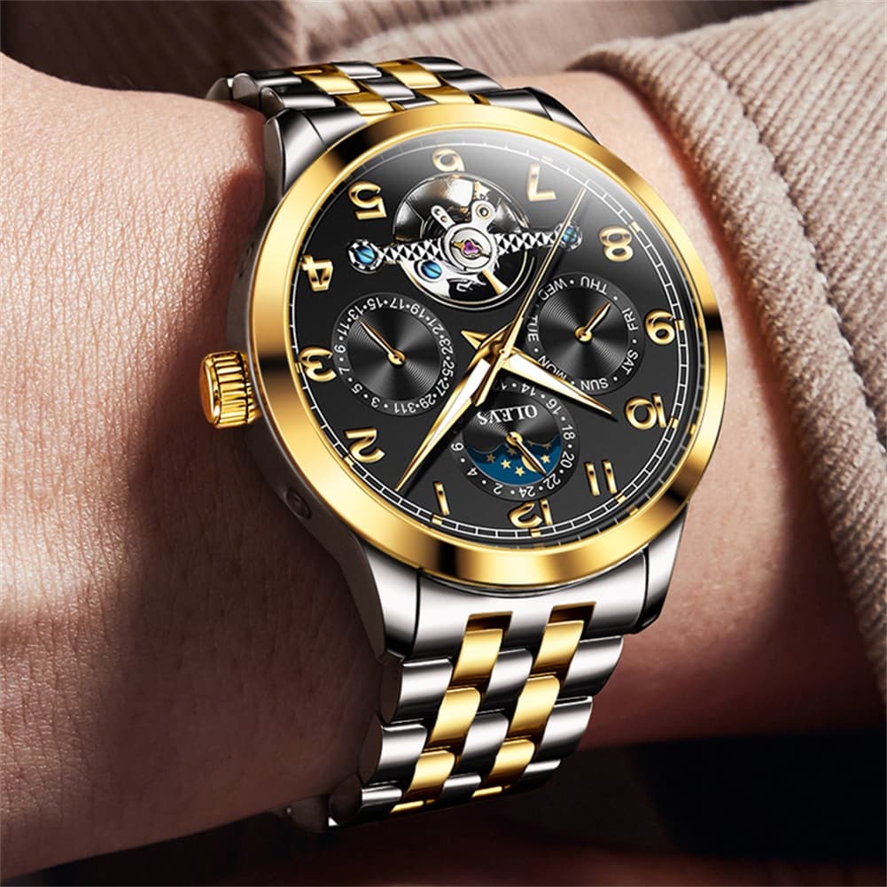 OLEVS 7018 Sun and Moon Skeleton Mechanical Watch for Men