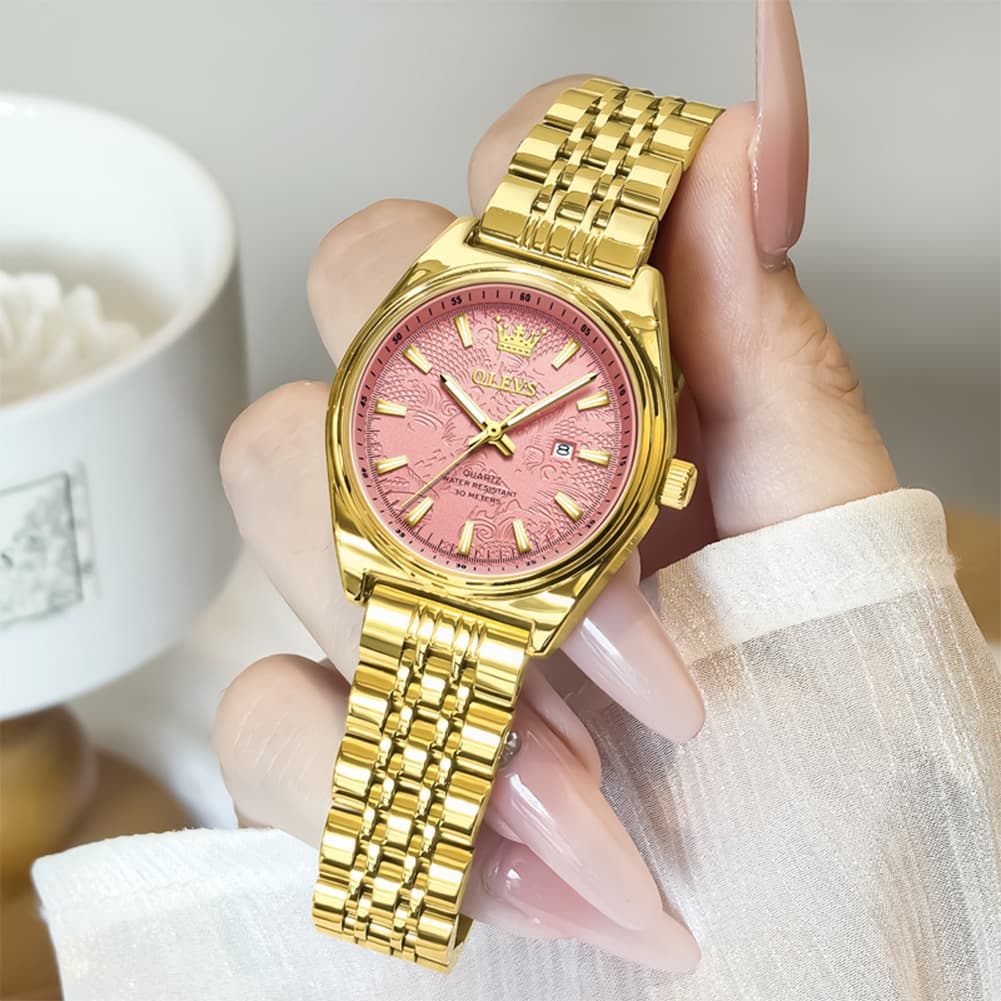 OLEVS 3703 Elegant Textured Dial Stainless Steel Womens Watch