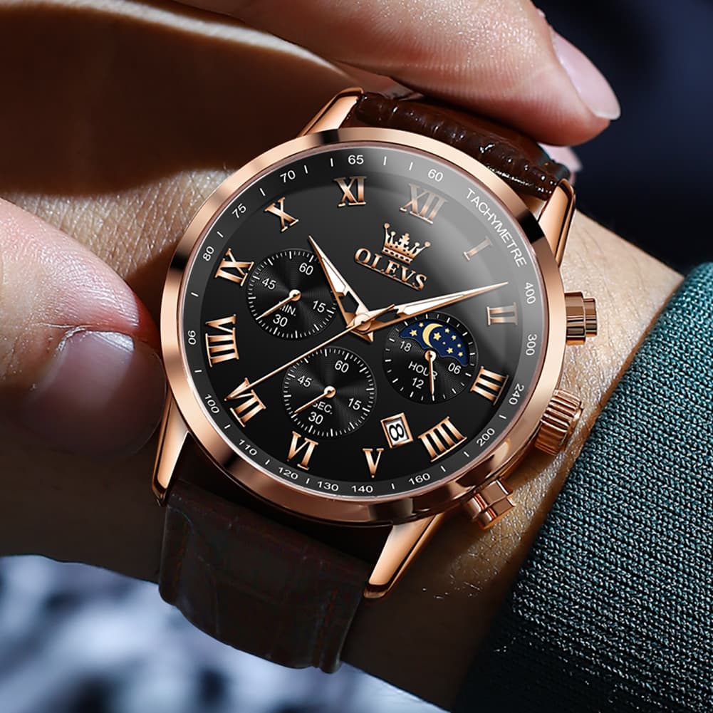 OLEVS Chronograph Moon Phase Dress Watch Leather Strap for Men 5529