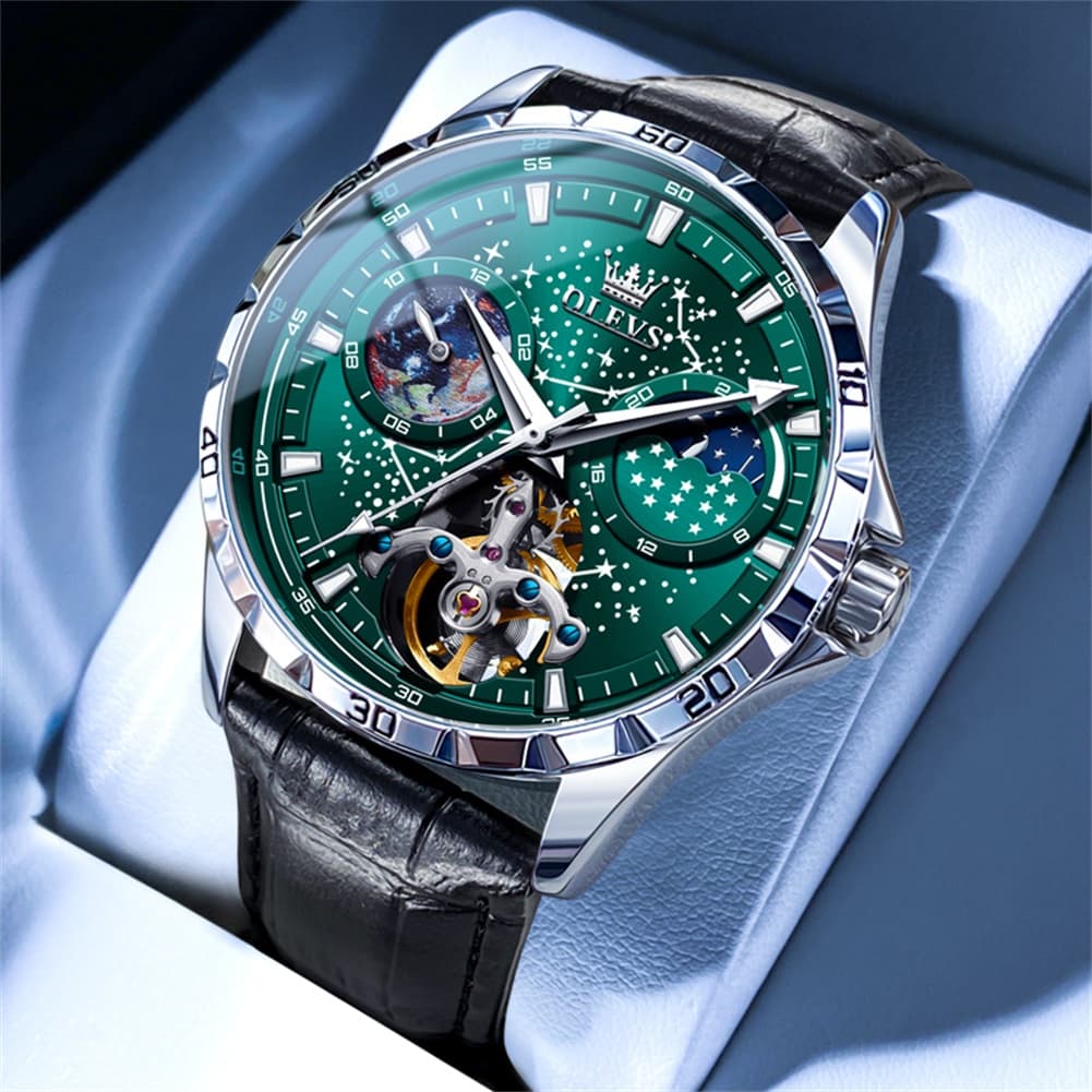 OLEVS 6689 Automatic Skeleton Starry Sky Leather Steel Watch for Men