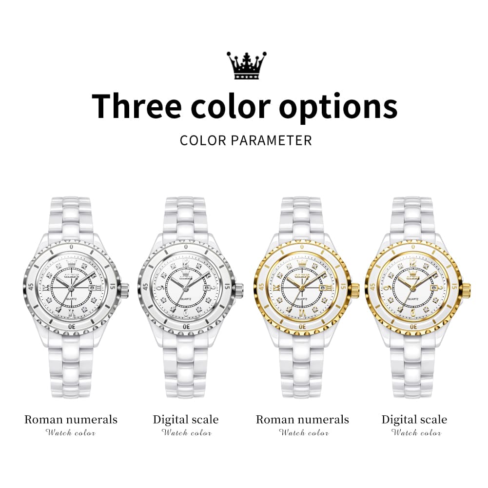 OLEVS 5658 White Ceramic Watch Diamond Accent Quartz Butterfly Clasp Luxury Timepiece for Women