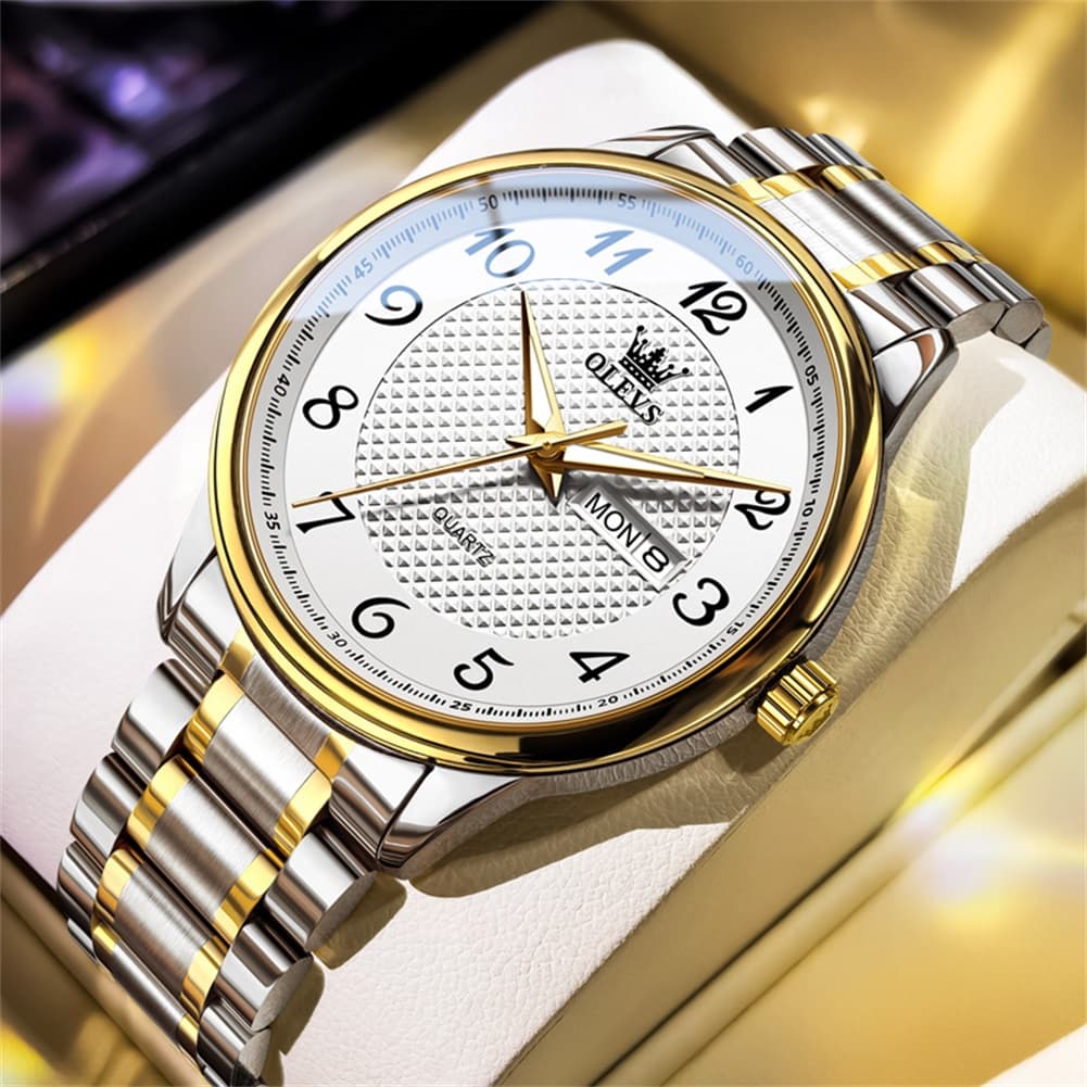OLEVS 5667 Sapphire Crystal Couple Watch Day Date Stainless Steel Bracelet Luxury Timepiece for Men and Women