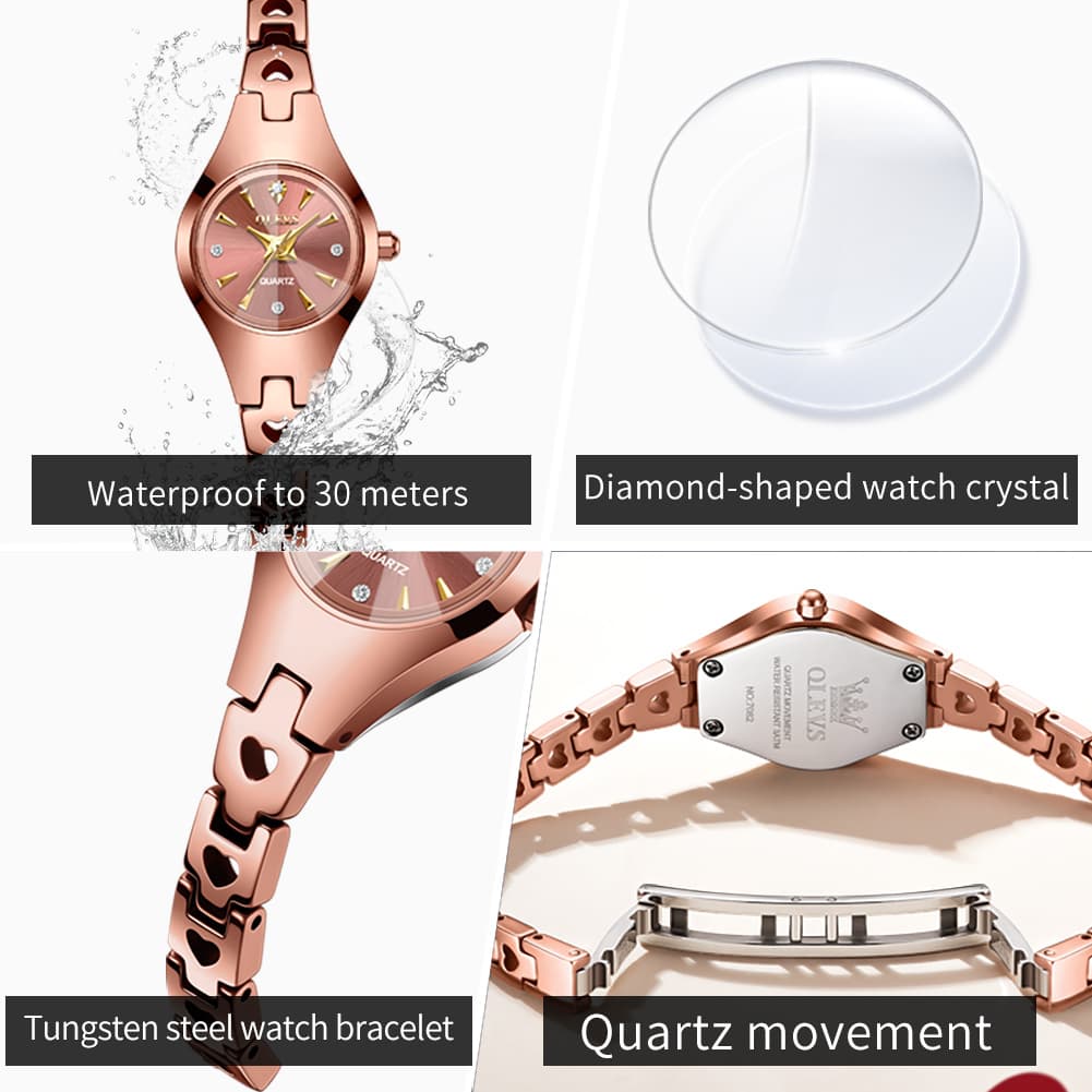 OLEVS 7082 Tungsten Steel Watch Dainty Heart Link Faceted Bracelet Diamond Accent Quartz Timepiece for Women