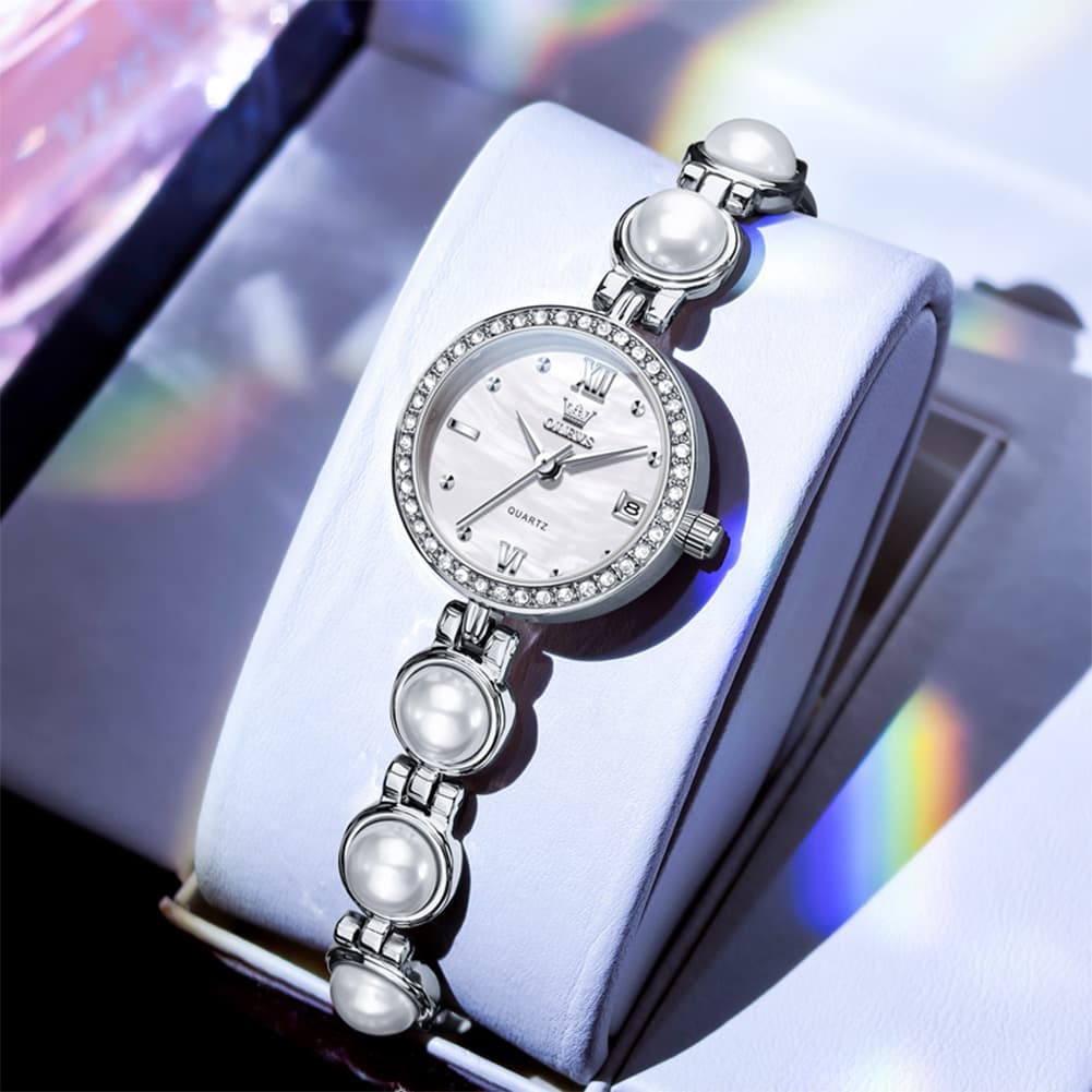 OLEVS 5669 Pearl Bracelet Watch Zircon Bezel Quartz Jewelry Timepiece for Women