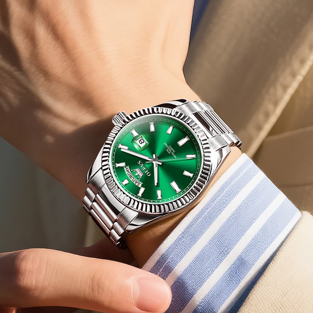 OLEVS 5650 Fluted Bezel Day Date Watch Stainless Steel Quartz Luxury Timepiece for Men