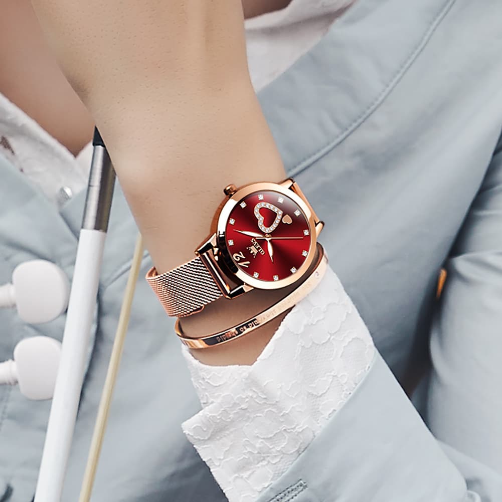 OLEVS 5189 Heart Motif Milanese Mesh Quartz Watch for Women