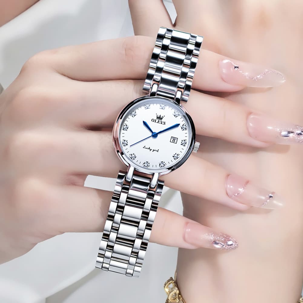OLEVS Women Lucky Diamond Dress Watch Stainless Steel Quartz Date 5575
