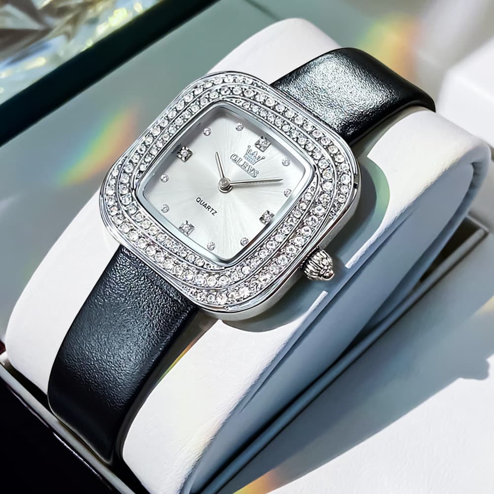 OLEVS Square Diamond Bezel Leather Watch 5512 Petite Quartz for Women
