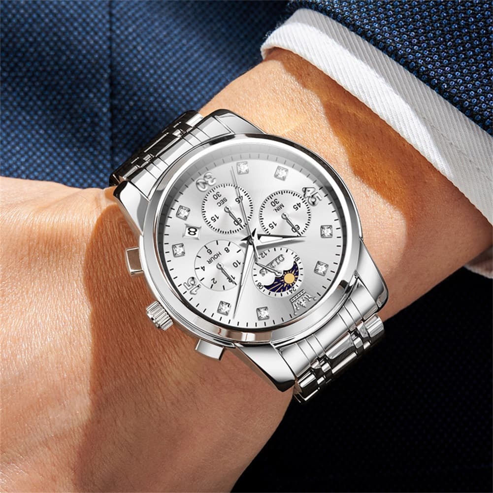 OLEVS 3652 Chronograph Moon Phase Diamond Dial Stainless Steel Watch For Men