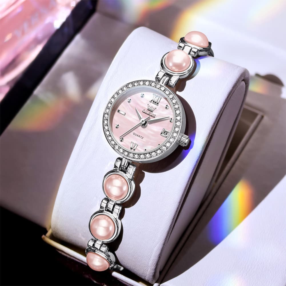 OLEVS 5669 Pearl Bracelet Watch Zircon Bezel Quartz Jewelry Timepiece for Women