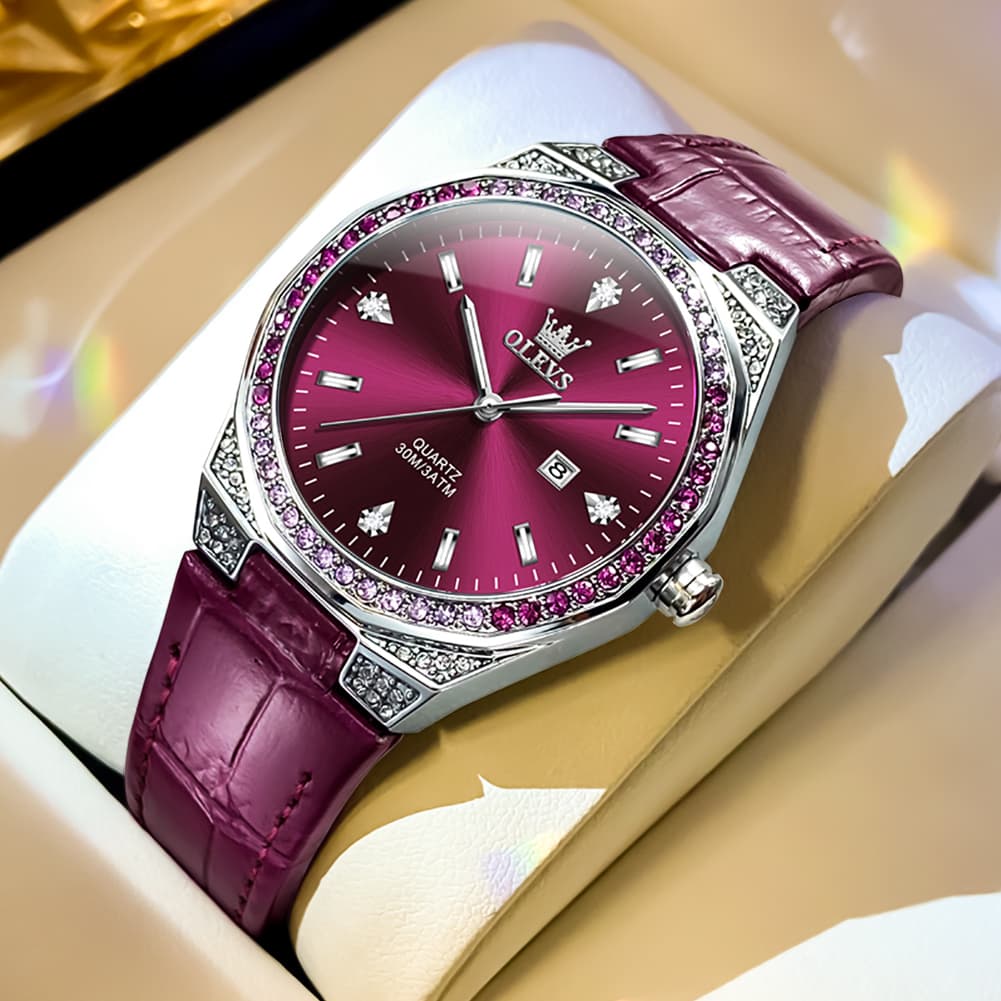 OLEVS Women Octagonal Watch Diamond Bezel Leather Strap Date Quartz 5606