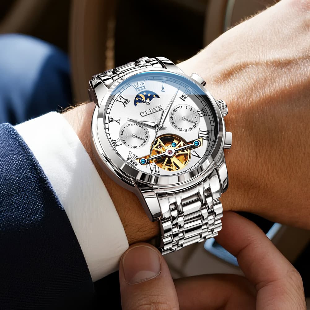 OLEVS 6617 Automatic Mechanical Tourbillon Moon Phase Watch for Men