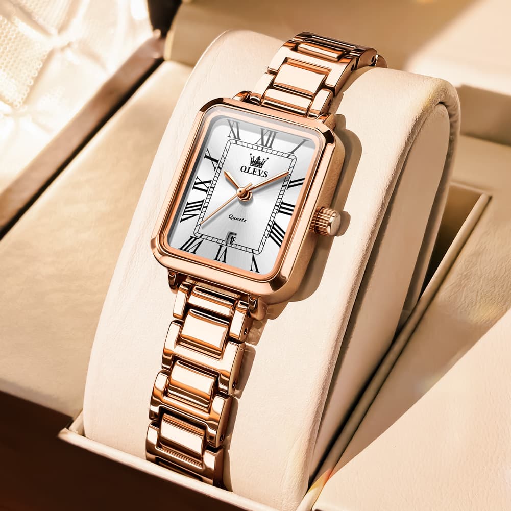 OLEVS Women Rectangular Dress Watch Retro Tank Stainless Steel Date Quartz 5641