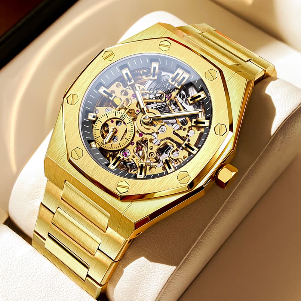 OLEVS 6669 Stainless Steel Octagonal Skeleton Watch for Men