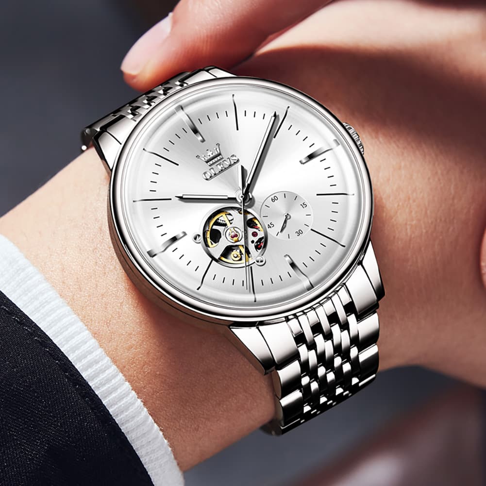 OLEVS 6708 Domed Crystal Open Heart Mechanical Watch For Men