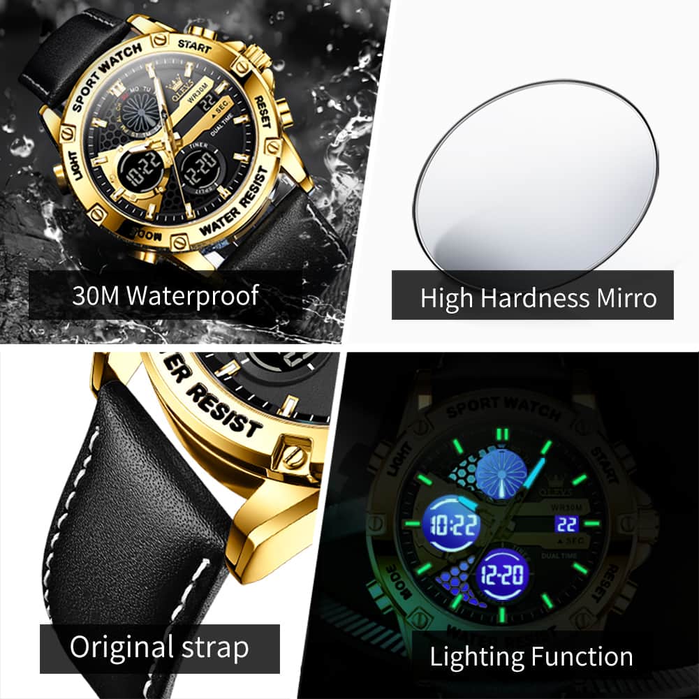 OLEVS 1110 Rugged Dual Display Leather Sport Watch for Men