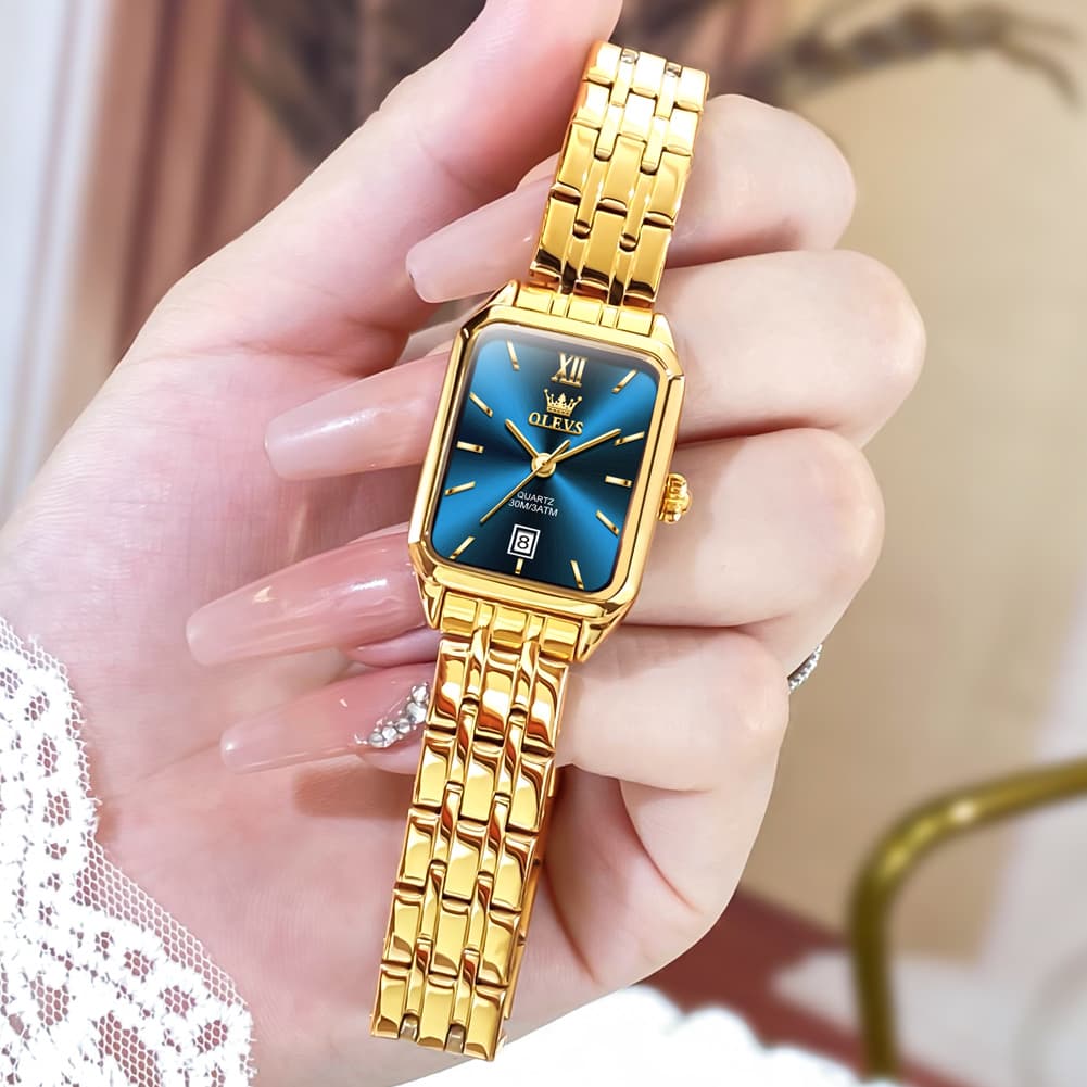OLEVS Women Square Dress Watch Retro Gold Stainless Steel Date Quartz 5616