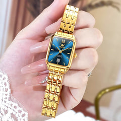 OLEVS Women Square Dress Watch Retro Gold Stainless Steel Date Quartz 5616