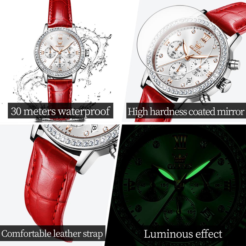 OLEVS 9933 Crystal Bezel Chronograph Leather Watch for Women
