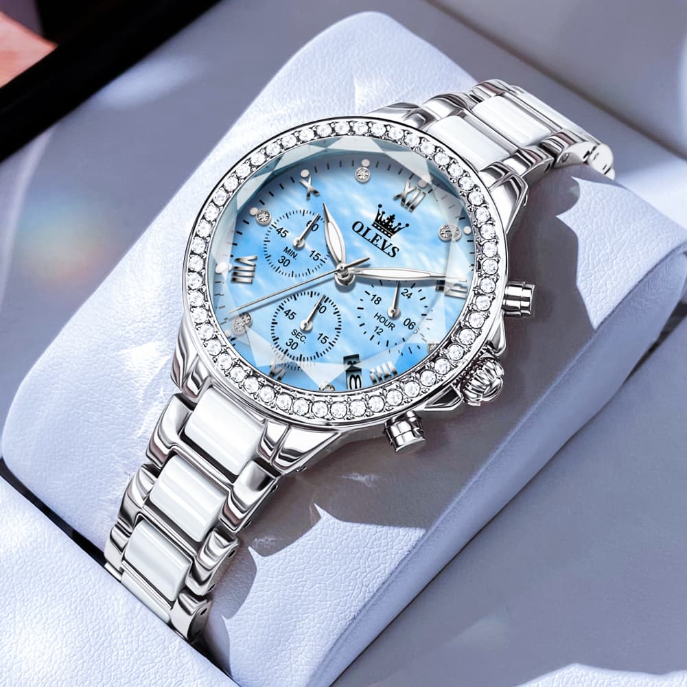 OLEVS 9999 Diamond Bezel Chronograph Ceramic Watch for Women