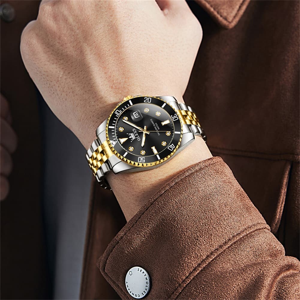 OLEVS 9809 Rotating Bezel Diamond Dial Stainless Steel Quartz Watch for Men