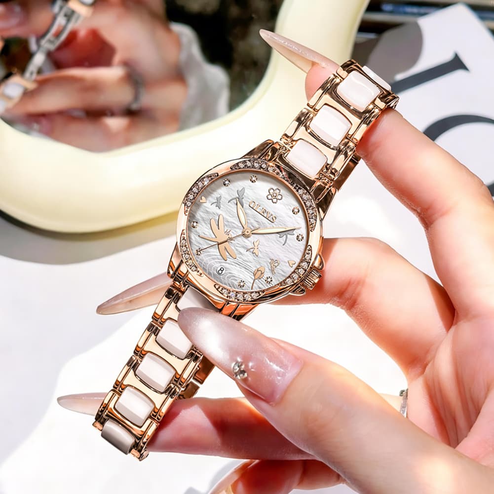 OLEVS 6610 Automatic Mechanical Ceramic Dragonfly Watch for Women