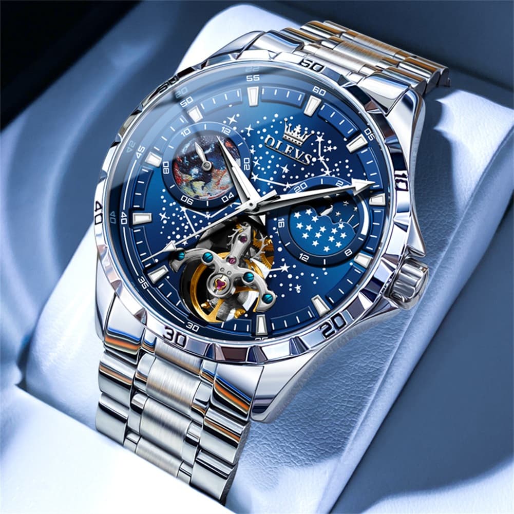 OLEVS 6689 Automatic Skeleton Starry Sky Leather Steel Watch for Men