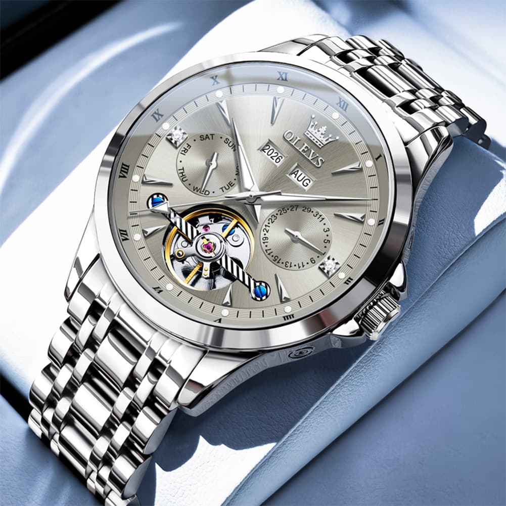 OLEVS 7091 Double Open Heart Multi-Function Automatic Watch For Men
