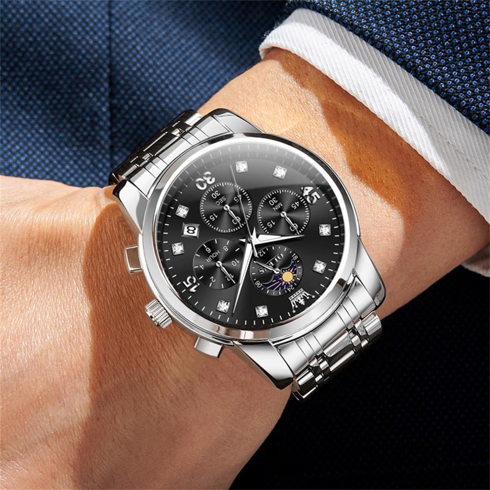 OLEVS 3652 Chronograph Moon Phase Diamond Dial Stainless Steel Watch For Men