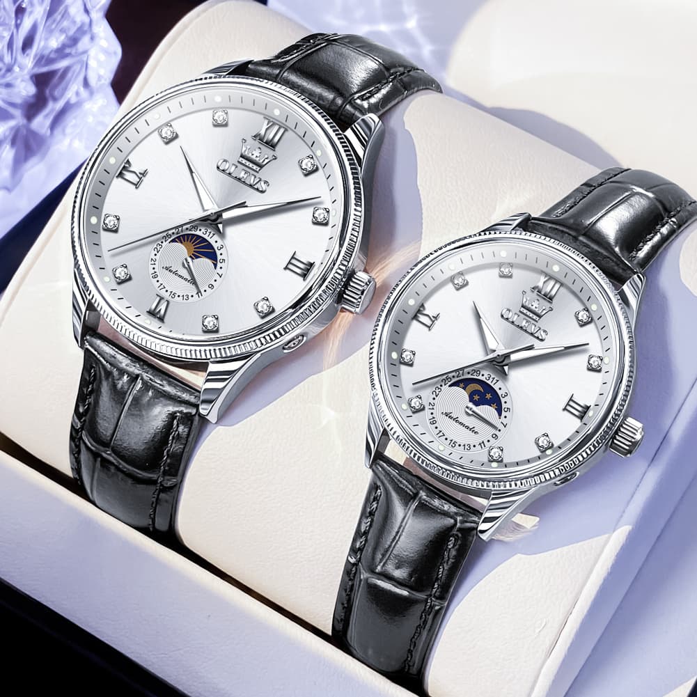 OLEVS 7039 Leather Moon Phase Couples Watch Set