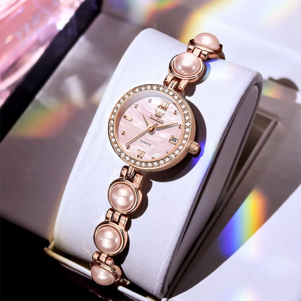 OLEVS 5669 Pearl Bracelet Watch Zircon Bezel Quartz Jewelry Timepiece for Women
