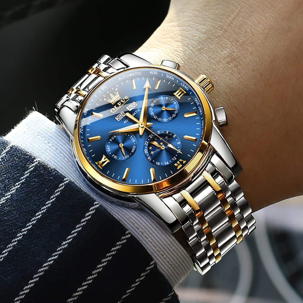 OLEVS 6633 Stainless Steel Mechanical Moon Phase Watch for Men