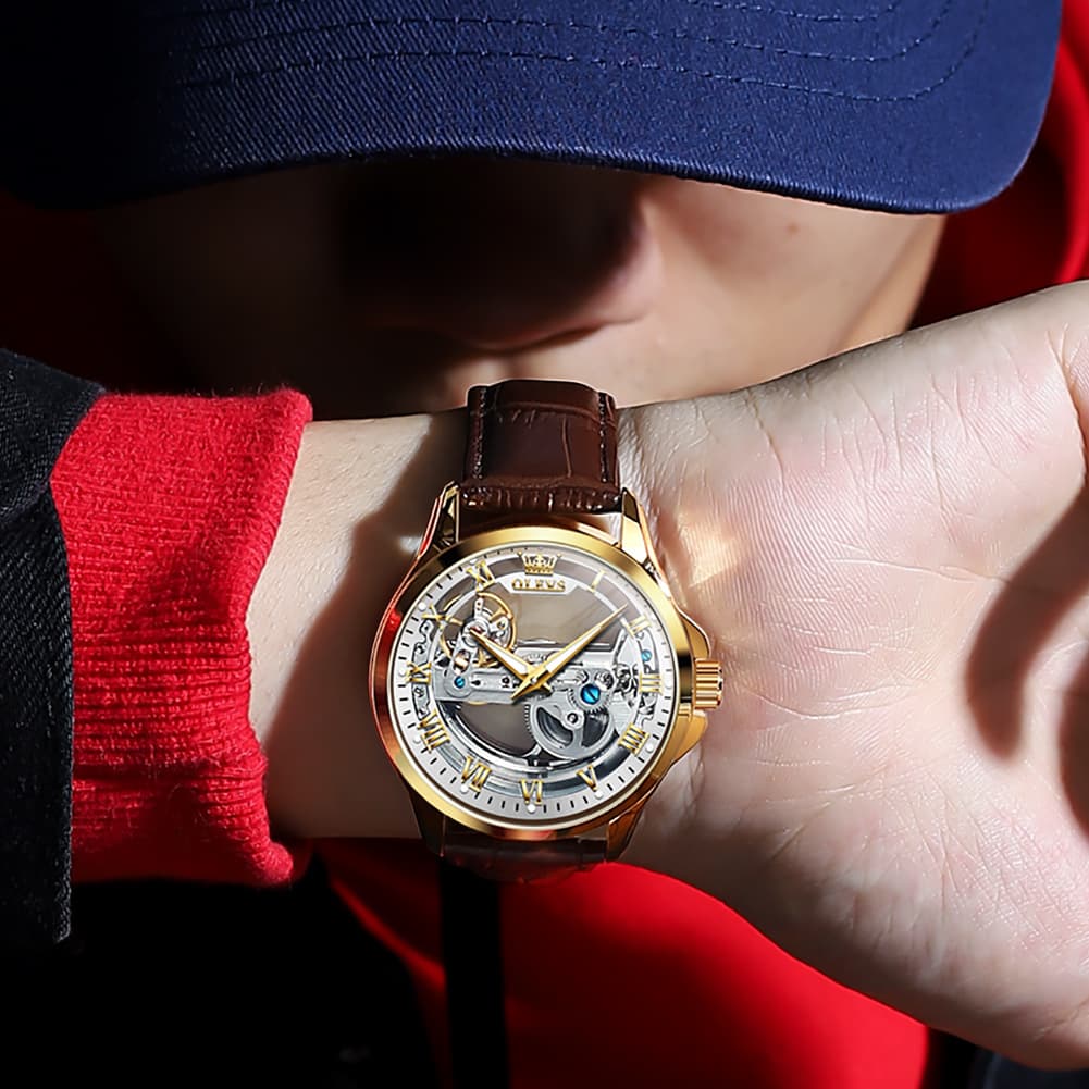 OLEVS 6661 Leather Skeleton Mechanical Watch for Men