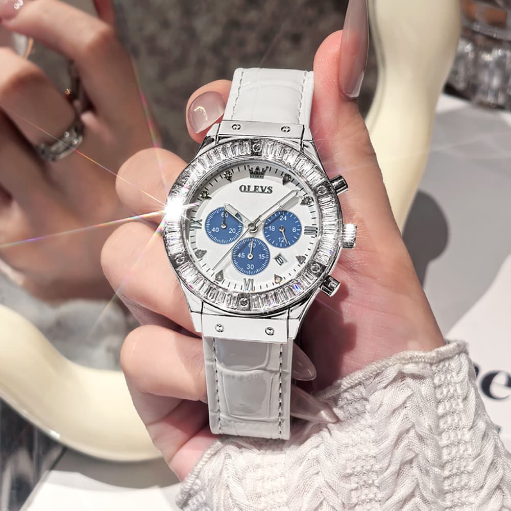 OLEVS 9978 Diamond Bezel Chronograph Leather Watch for Women