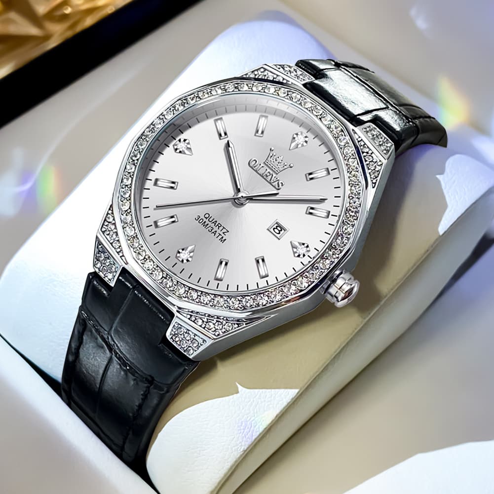 OLEVS Women Octagonal Watch Diamond Bezel Leather Strap Date Quartz 5606