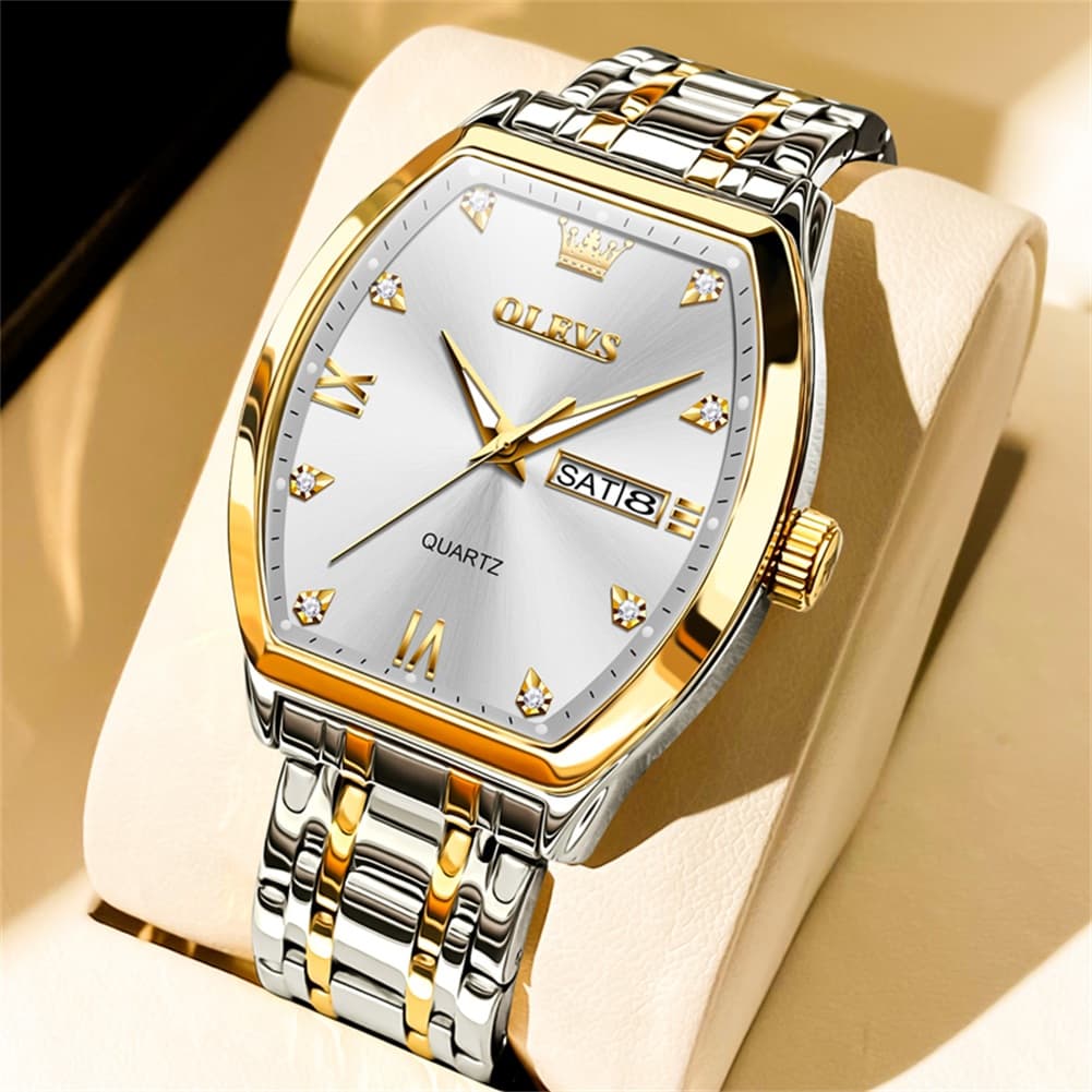 OLEVS Tonneau Diamond Dial Day Date Quartz Watch 5528 Steel Band for Men